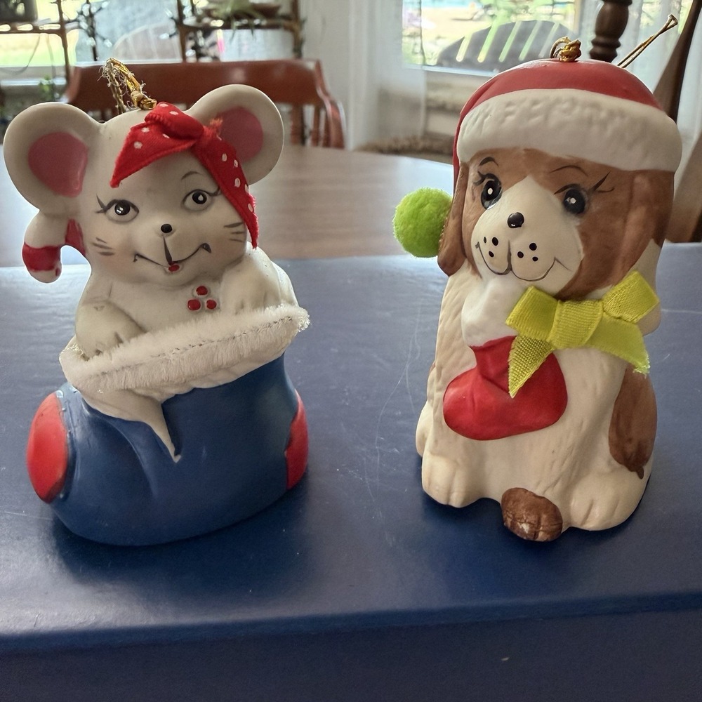 Vintage Christmas Ornament Lot Mouse In Boot Puppy In Santa Hat Giftco Bells
